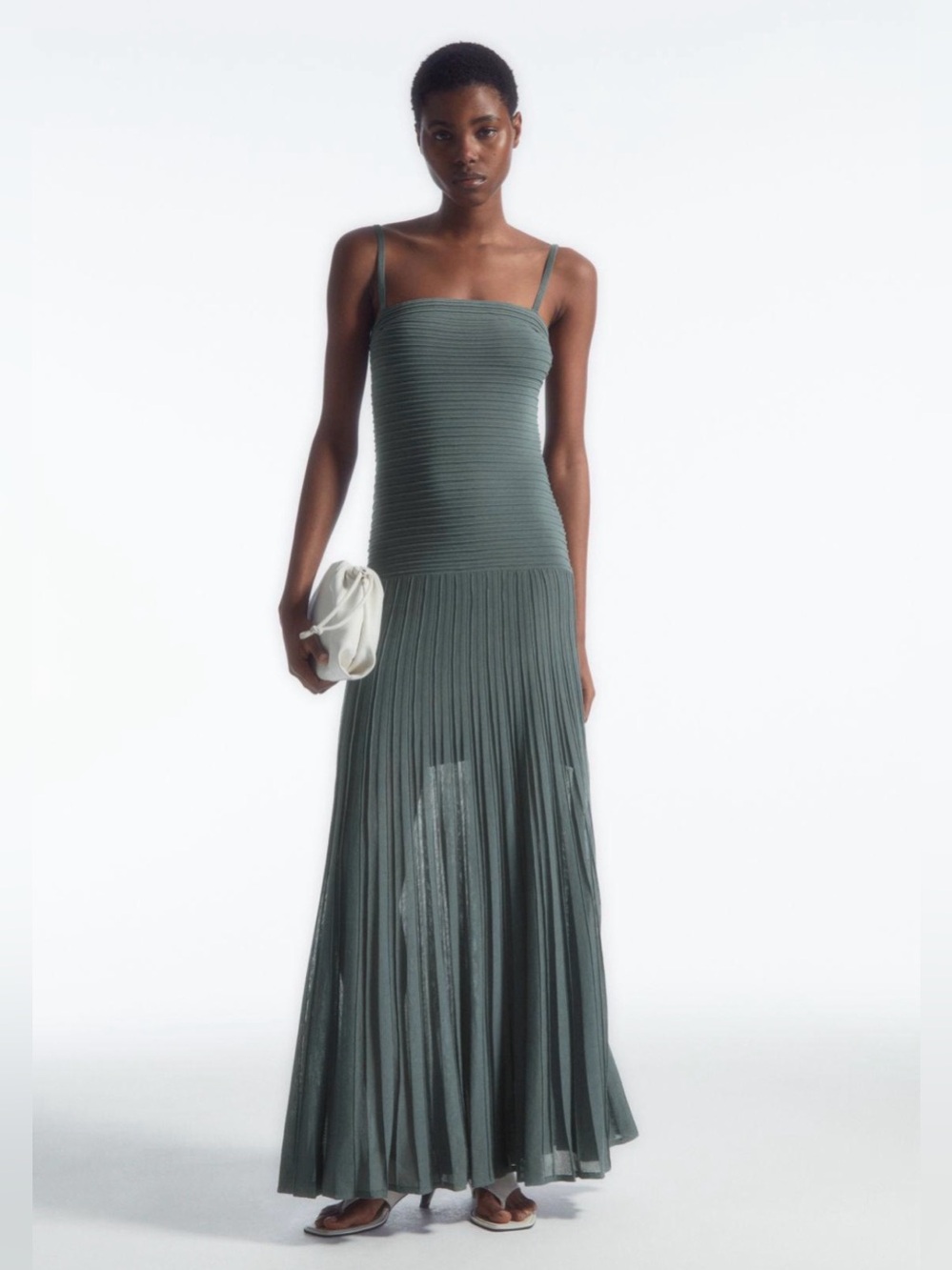 COS Olive-Green Ribbed & Pleated Maxi Dress